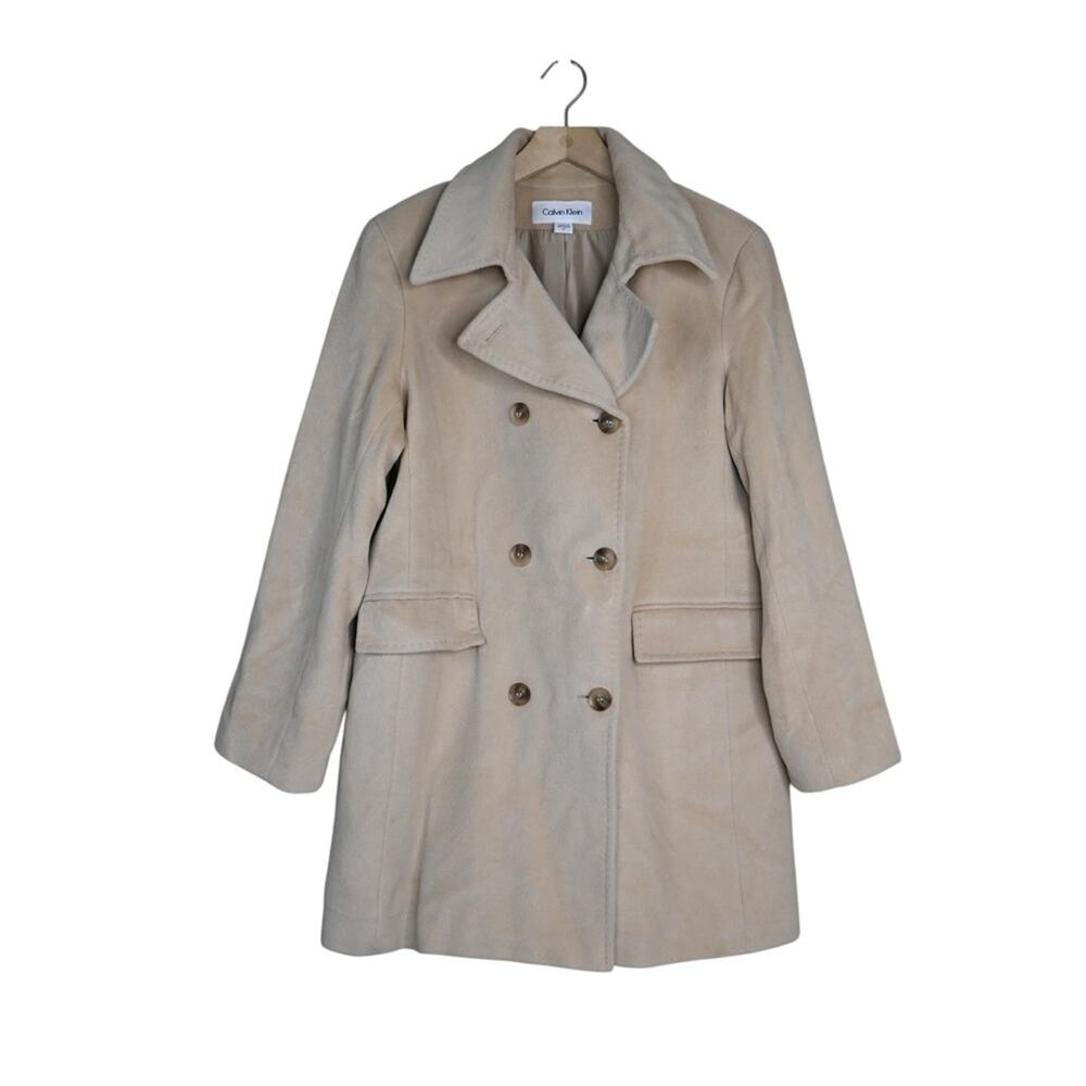 Calvin Klein Womens 14 Tan Angora Wool Blend Double-Breasted Fully Lined Coat